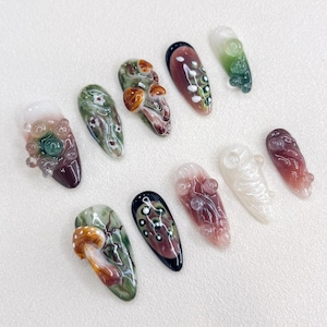 Glossy 3D Nature Mushroom 3D Spring Press on Nails - Ladybug Worm Garden Handmade Customizable Nail Art - Fake Fingernails