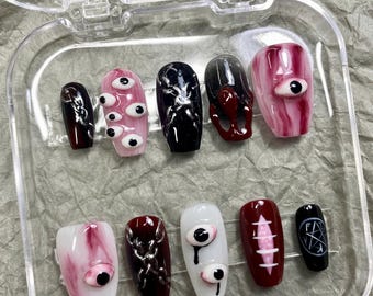 Gothic Horror Press On Nails | 3D Eyeball, Spider, Blood Drip, Occult Design | Halloween Nails | Scary Handmade Nail Art Set