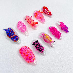 3D Hand Painted Bright and Fun 3D Press-On Nails, Colorful Dots and Abstract Shapes, Pink, Red, and Black Design, Trendy Nail Art, Reusable