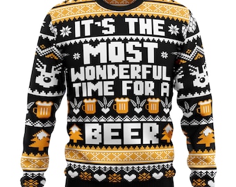 Wonderful Time For A Beer Ugly Christmas Sweater, Beer Christmas Sweater, Funny Ugly Xmas Sweatshirt, Holiday Party Drinking Sweater