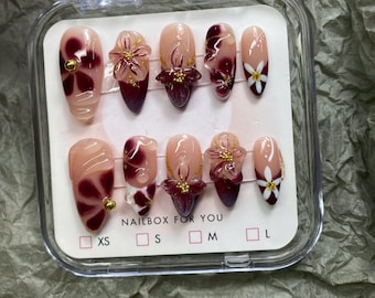 Burgundy Bloom 3D Flower Press On Nails, Elegant Long Coffin Nails, Glossy Floral Nail Set, Wedding Nails, Birthday Party Holiday Nails