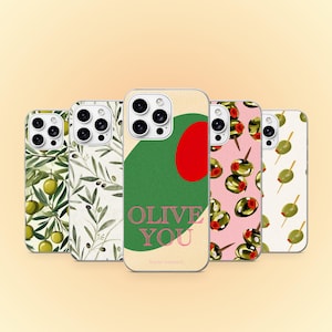 May include: Five smartphone cases featuring olive-themed designs. The patterns include green olive branches on white, a large green olive with a red pimento and the text OLIVE YOU, and scattered green olives with red pimentos on pink and white backgrounds.