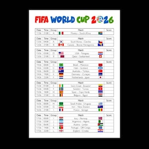 May include: A white poster with the text "FIFA WORLD CUP 2026" in red, blue, and green. The poster lists match dates, times, groups, and country flags. The matches include Mexico vs. South Africa, USA vs. Paraguay, and Brazil vs. Morocco.