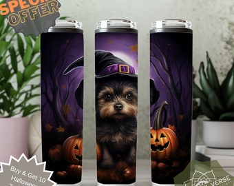 Halloween witchy dog 20 oz Skinny Tumbler Sublimation Design Digital Download pinky and orange vibe + free 10 tumbler design