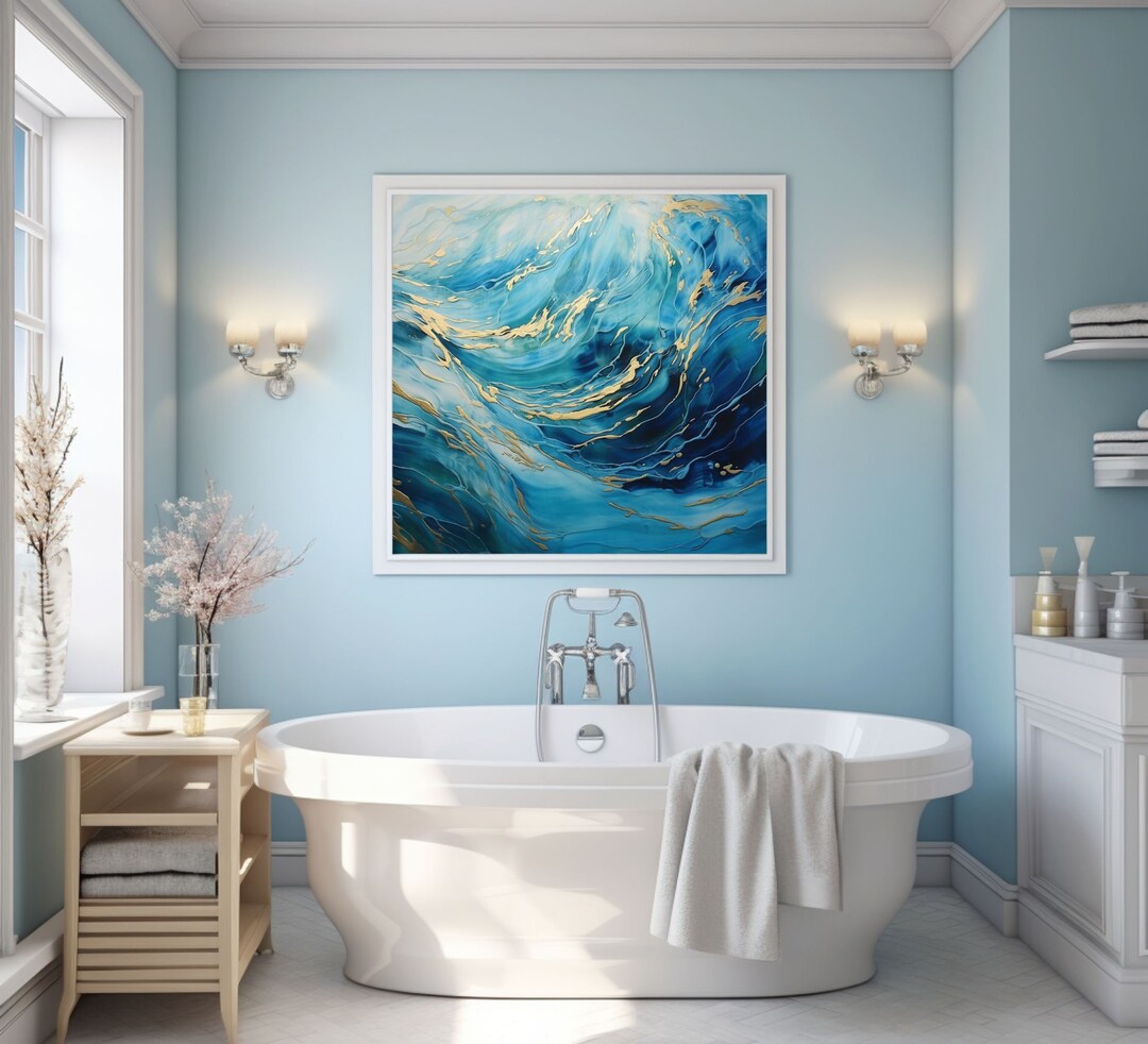 Bathroom Wall Art Decor, Light Blue Waves, Digital Printable, Home ...