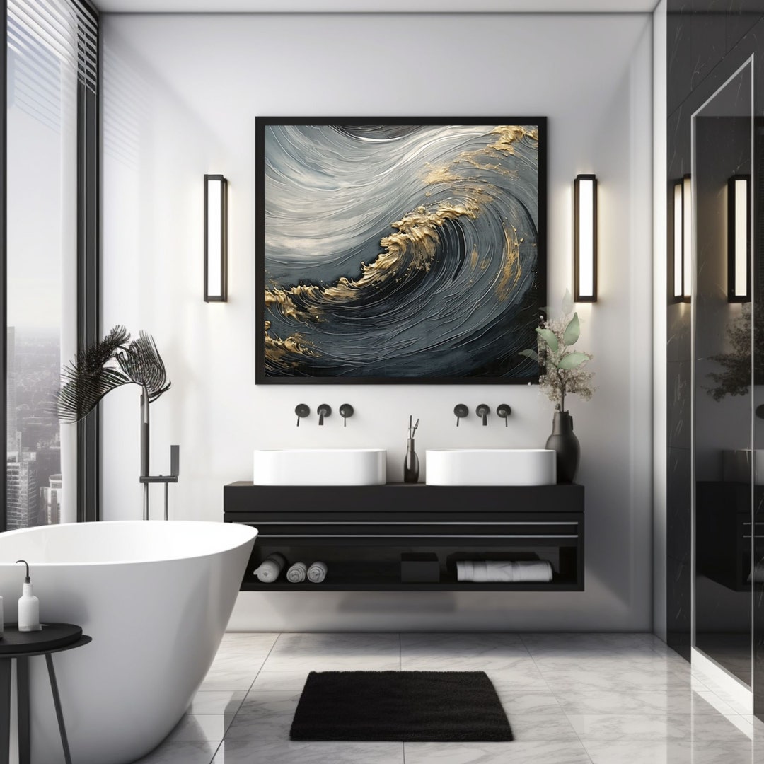 Bathroom Wall Art Decor, Black and White Beach Waves Design, Home ...