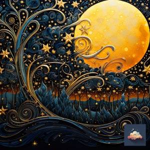 May include: A detailed illustration of a moon with a swirling, gold and blue design. The moon is surrounded by a dark blue background with gold stars.
