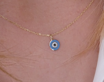 Solid Gold K14 Evil Eye Necklace, Minimalist Pink & Blue Protection Pendant, Gift for Her