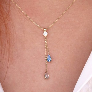 Solid Gold 14K Droplet Necklace, White & Blue CZ Teardrop Pendant, Dainty Bridal Jewelry