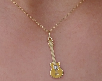 Solid Gold Guitar Necklace in  (9K, 14K, 18K), Musician Gift, Custom Guitar Pendant