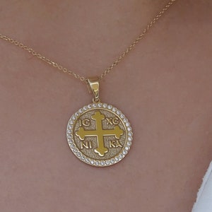 Solid Gold ICXC NIKA Cross in K9,K14, K18, Constantine Coin Pendant, Baptism Gift