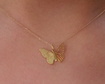 Gold Butterfly Fingerprint Necklace, Engraved Memorial Jewelry, Mother’s Day gift, Mother’s Day