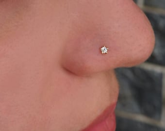 Solid Gold K14 Nose Stud, Nose Stud with Prongs, Genuine Diamond Stud, Nose piercing, Body Jewelry, Modern, Dainty, Tiny Diamond Stud