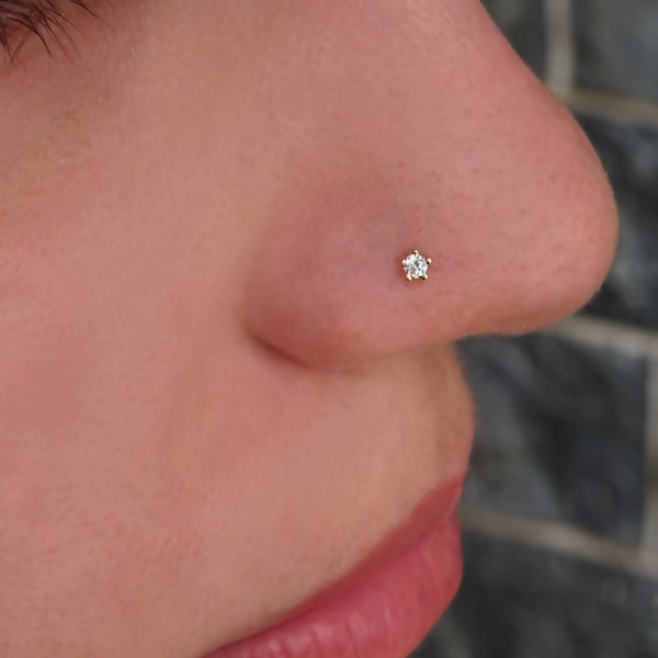 Solid Gold K14 Nose Stud, Nose Stud with Prongs, Genuine Diamond Stud, Nose piercing, Body Jewelry, Modern, Dainty, Tiny Diamond Stud