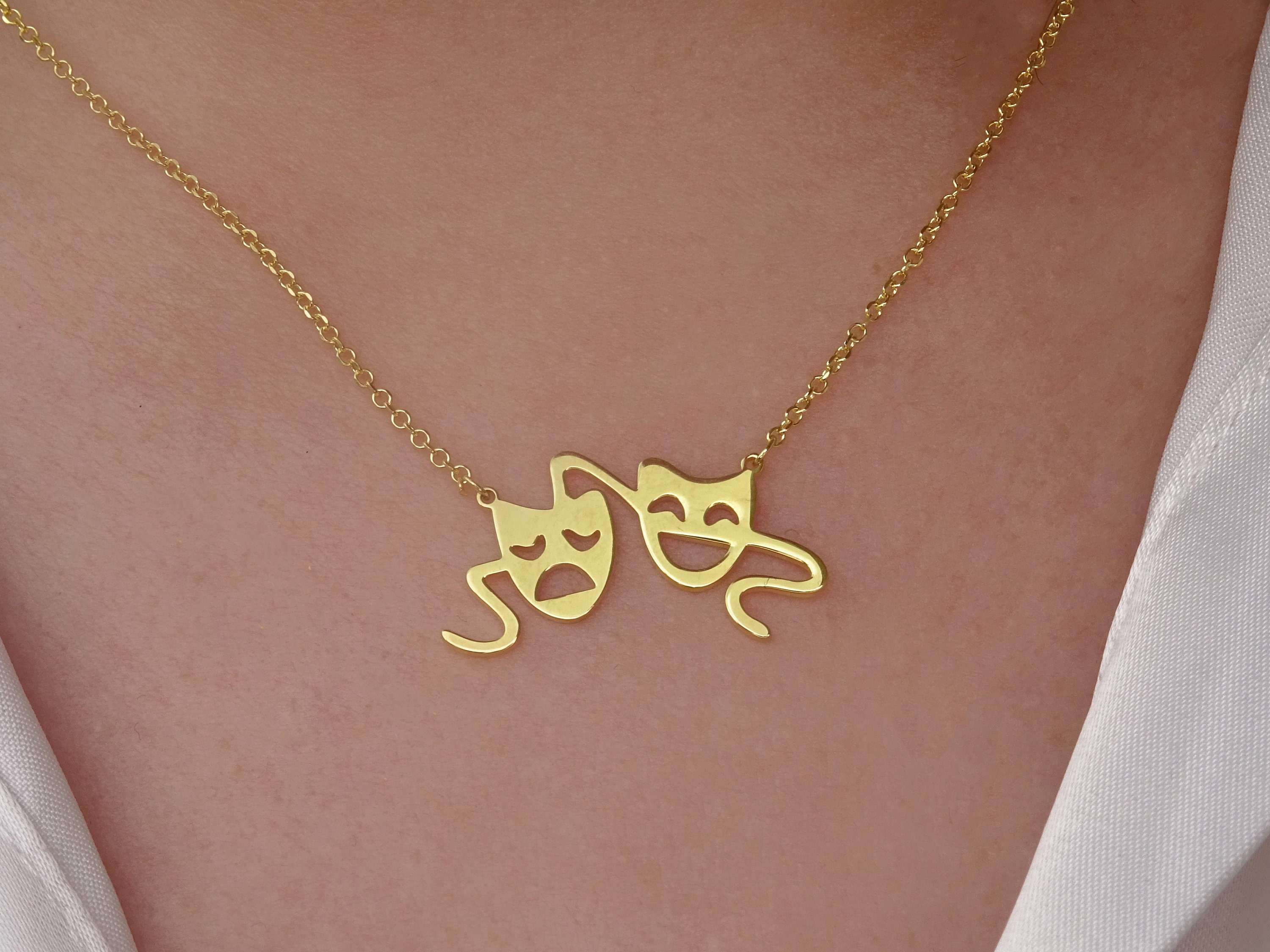 Solid Gold Comedy & Tragedy Mask Necklace, Theater Pendant, Gift for Actress