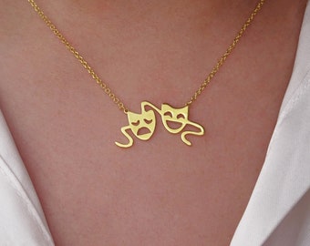 Solid Gold Comedy and Tragedy Mask Necklace, Theater Mask Necklace, Comedy and Tragedy Pendant, Theater Charm Necklace, Gift for Actress