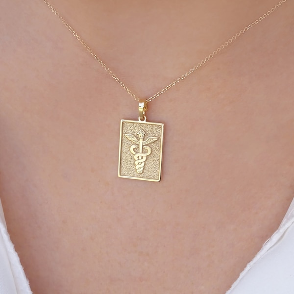 Solid Gold 9K, Caduceus Symbol Necklace 14K, Medical Student Gift, Medical Alert Pendant, Symbol of Medicine Gemstone Necklace 18K