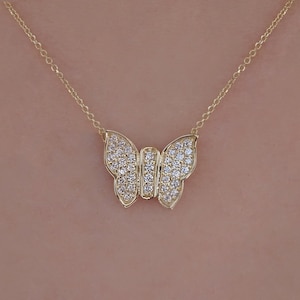 Solid Gold Butterfly Necklace K14, Memorial & Anniversary Gift for Her, K18 Pendant