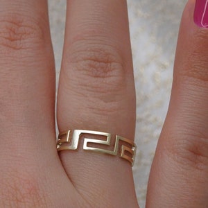 Solid Gold Greek Key Ring, Minimalist Ancient Meander Design
