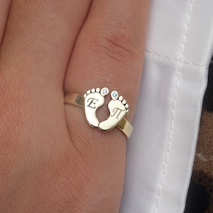 K14 Baby Footprint Ring, Personalized Name & Gemstone