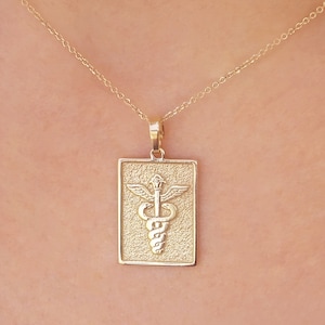 Solid Gold Caduceus Necklace, Medical Student Gift, 9K-18K Medical Pendant