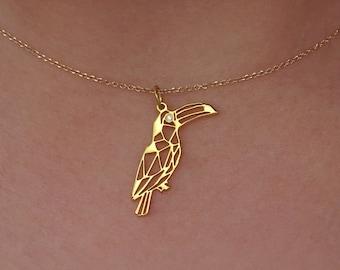 Solid Gold Diamond Origami Toucan Necklace, Bird Lover Gift, Unique Gift for Mom