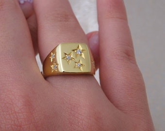 Anello Sigillo 14k Oro Massiccio A Stella Con Zirconi &ndash; LunaOroCreations, Fatto A Mano In Grecia