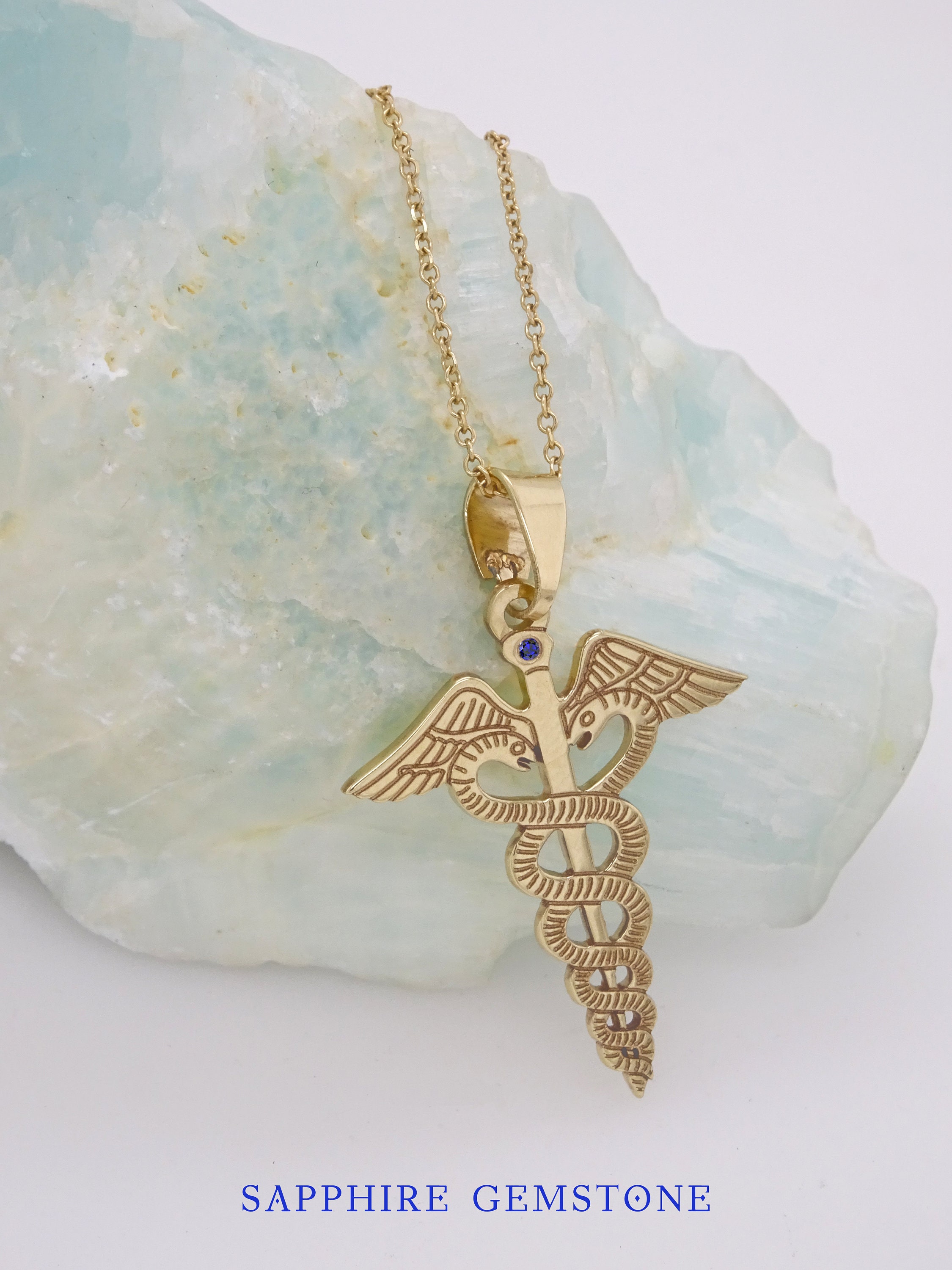10k Yellow Gold Caduceus MD Pendant – Solitaire Diamond Medical Doctor Necklace Charm | Made In USA - View #12