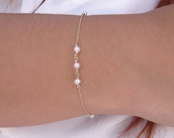 Solid Gold Pearl Bracelet, Handmade Minimalist Bracelet, Gift for Her