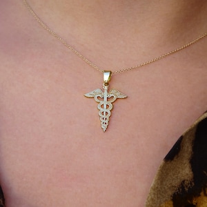 Solid Gold K18 Caduceus Diamond Necklace, Medical Pendant, Medical Student Gift