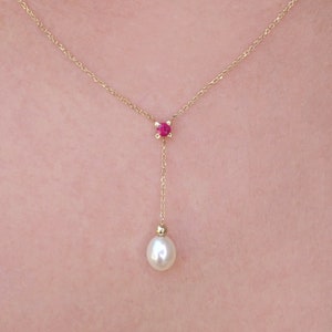 Solid Gold 9K Ruby & Pearl Necklace, Delicate 14K Gold Minimalist Jewelry