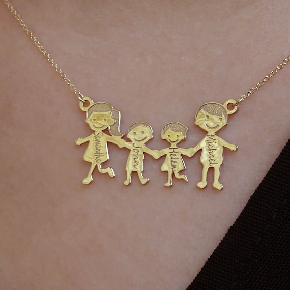 Solid Gold K14 Family Necklace, Handmade Pendant, Mother