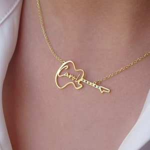 Solid Gold Guitar Name Necklace K18 | Custom Musician Gift | 6 Stone Pendant K14