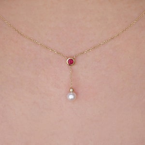 Solid Gold 9K Ruby & Pearl Necklace, Delicate 14K Gold Minimalist Pendant