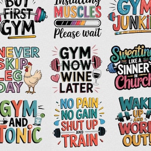 28 zabawnych cytatów z siłowni PNG Bundle | Fitness Motywacyjne wzory sublimacji | Humor treningowy | Grafiki dla miłośników siłowni