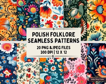 20 Polish Folklore Patterns: Seamless Floral Designs (PNG & JPEG Digital Paper)