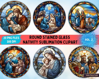 Stained Glass Nativity Clipart Bundle: Round Christmas PNG Files (Digital Download)