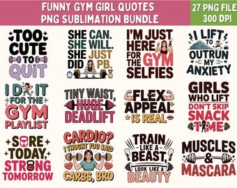 Pacote de PNGs com frases engraçadas de garotas da academia: designs de sublimação fitness (download digital)