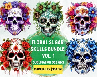 Sugar Skull Sublimation Bundle vol. 1 | 10 Halloween Day of the Dead Candy Skull Clipart Sublimation Design PNG files for T-Shirts, Mugs