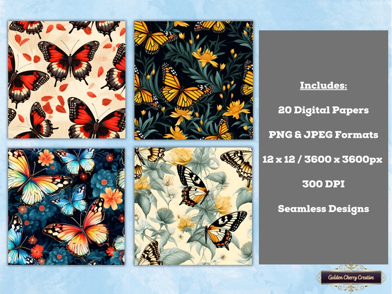 Butterfly Seamless Patterns: PNG & JPEG Digital Paper Set (digital ...
