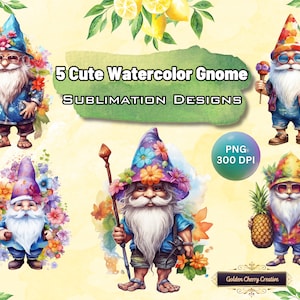 May include: Five watercolor gnome illustrations with colorful floral accents. The gnomes are wearing various outfits and hats, including a blue shirt with flowers, a tie-dye shirt, and a blue shirt with a flower crown. The gnomes are holding items such as a pineapple, a paintbrush, and a maraca. PNG 300 DPI.