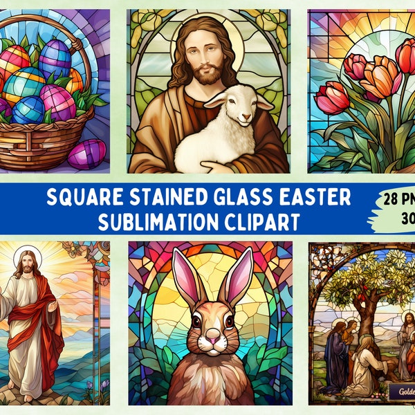 Square Stained Glass Easter Clipart Sublimation Bundle | 28 Religious PNG Files for Easter Ornaments, Cards, Wall Art