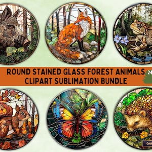 Lot de cliparts sublimation d'animaux de la forêt en vitrail rond | 24 fichiers PNG pour décorations, cartes, étiquettes cadeaux, tasses, t-shirts, etc.
