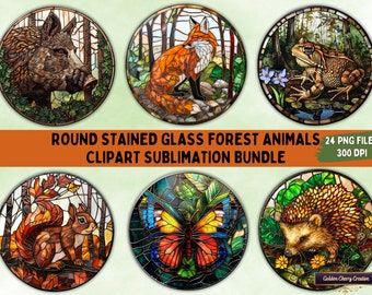 Stained Glass Forest Animals Clipart Bundle: Round PNG Files (Digital Download)