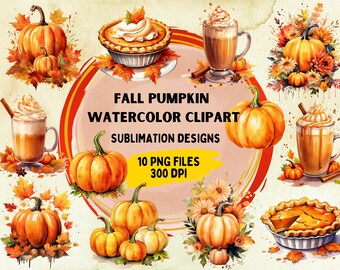 Watercolor Fall Pumpkins Clipart: Thanksgiving PNG Sublimation Designs (Digital Download)