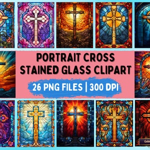 Paquete de imágenes prediseñadas de cruz de vidrieras de retrato / 26 archivos PNG para hacer tarjetas, álbumes de recortes, invitaciones, decoración del hogar, arte de pared