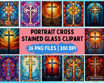 Clipart gebrandschilderd glas kruis: portret png-bundel (digitale download)
