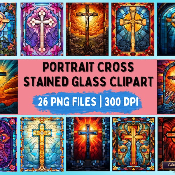 Portrait Glasmalerei Kreuz Clipart Bundle | 26 PNG-Dateien für die Kartenherstellung, Scrapbooking, Einladungen, Wohnkultur, Wandkunst