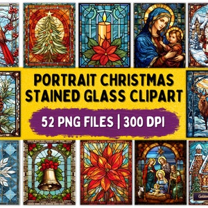 Portrait Stained Glass Christmas Clipart Bundle | 52 PNG Files for Christmas Card Making, Scrapbooking, Christmas Invitations, Home Decor