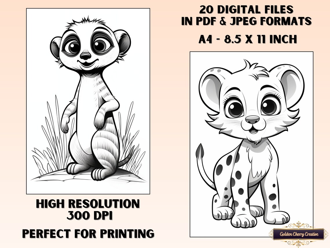 20 Cute Safari Animals Coloring Pages for Kids A4 Printable PDF &amp; JPEG ...